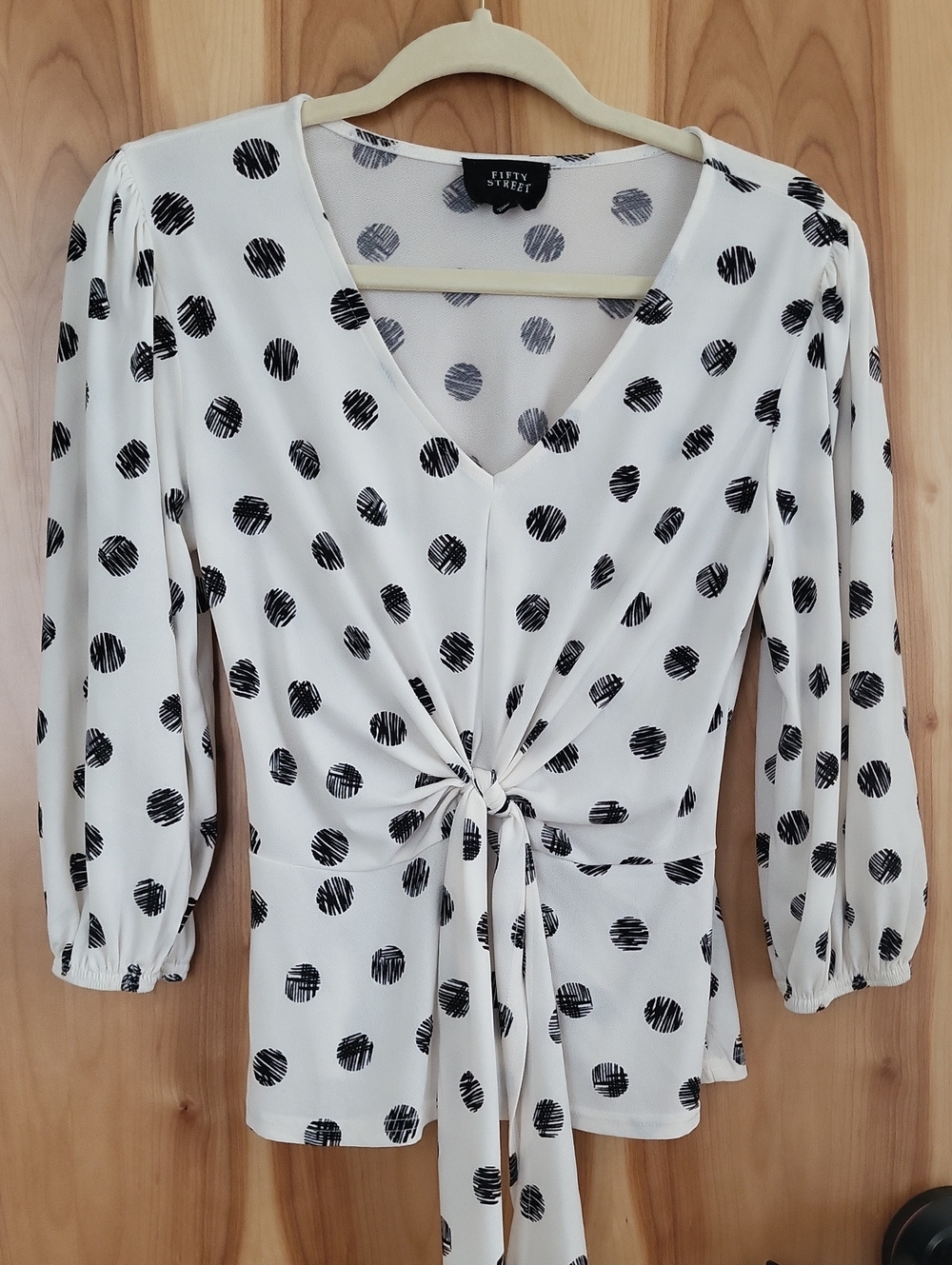 Fifty Street Women's White Polka Dot Tie-Front Blouse